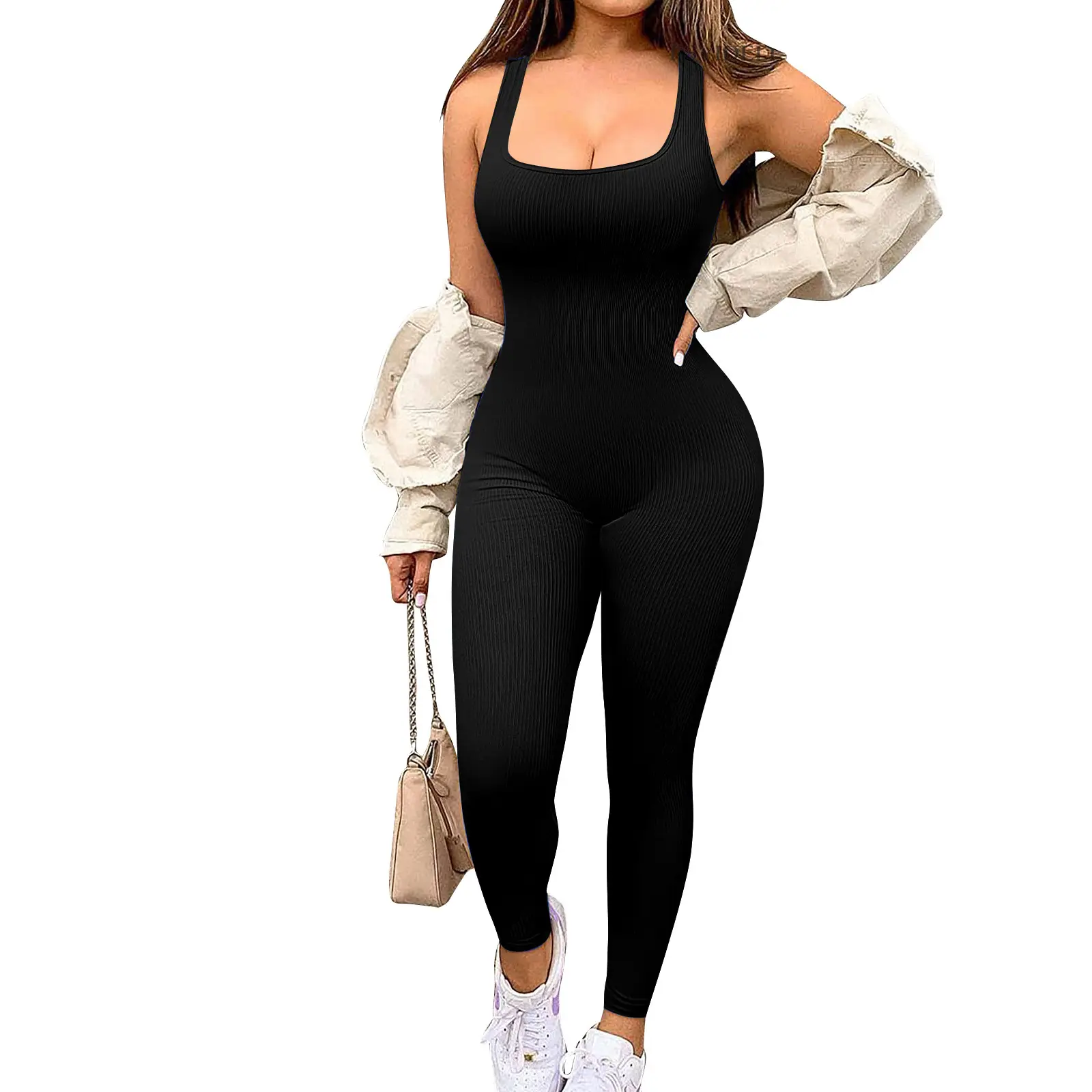 Women's Sleeveless V-Shape Jumpsuit Solid Beige - Image 2