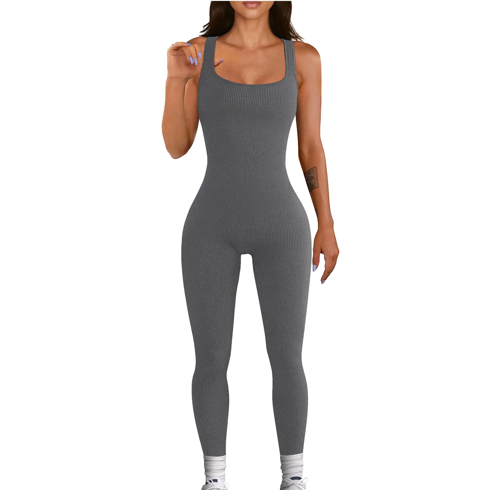 Women's Sleeveless V-Shape Jumpsuit Solid Beige - Image 3
