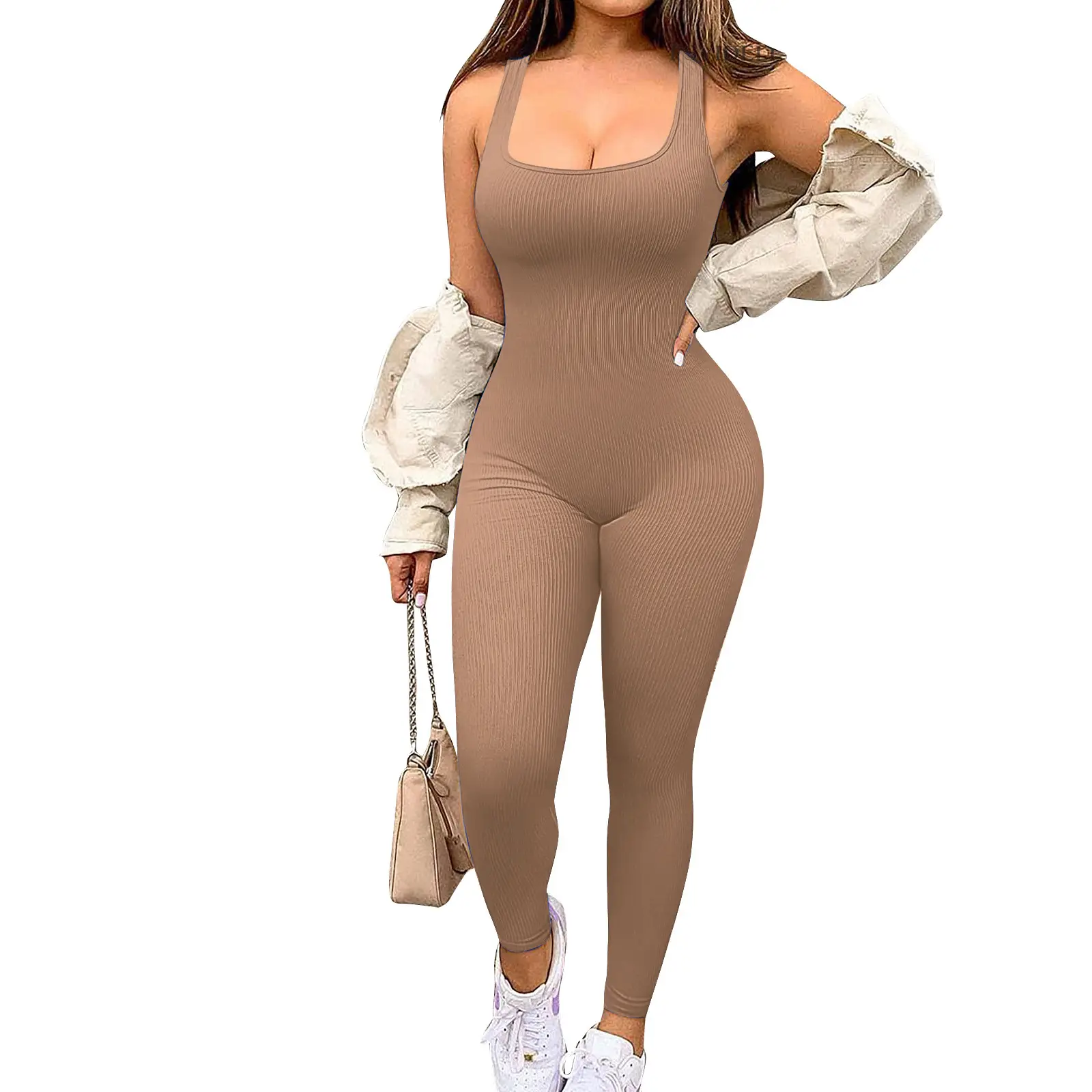 Women's Sleeveless V-Shape Jumpsuit Solid Beige - Image 4