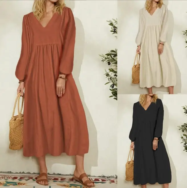 Black Loose Lantern Sleeve V-Neck Dress for Women