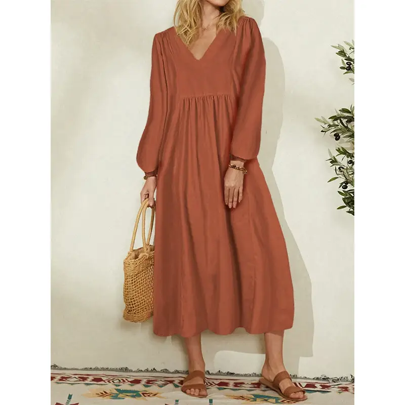 Black Loose Lantern Sleeve V-Neck Dress for Women