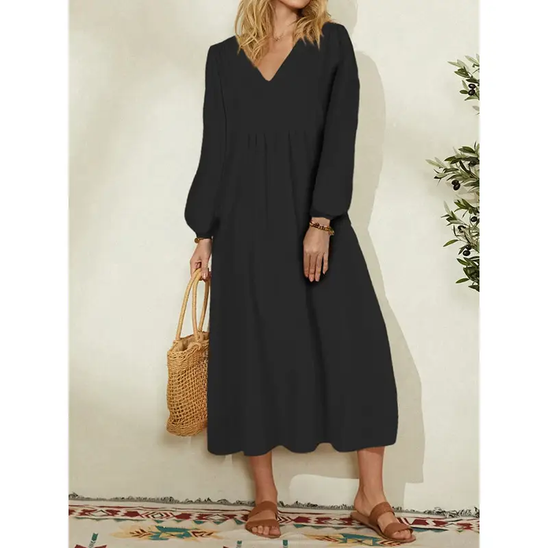 Black Loose Lantern Sleeve V-Neck Dress for Women