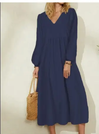 Black Loose Lantern Sleeve V-Neck Dress for Women