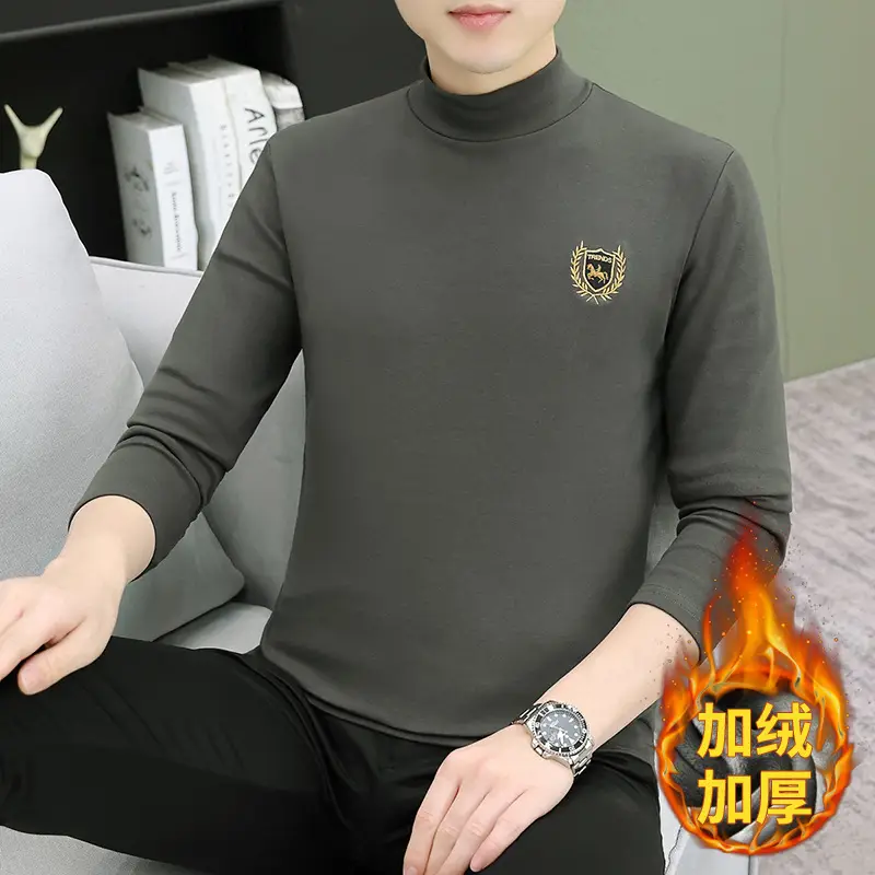 Men's Brown Velvet Long Sleeve T-Shirt with Embroidered Logo - Image 21