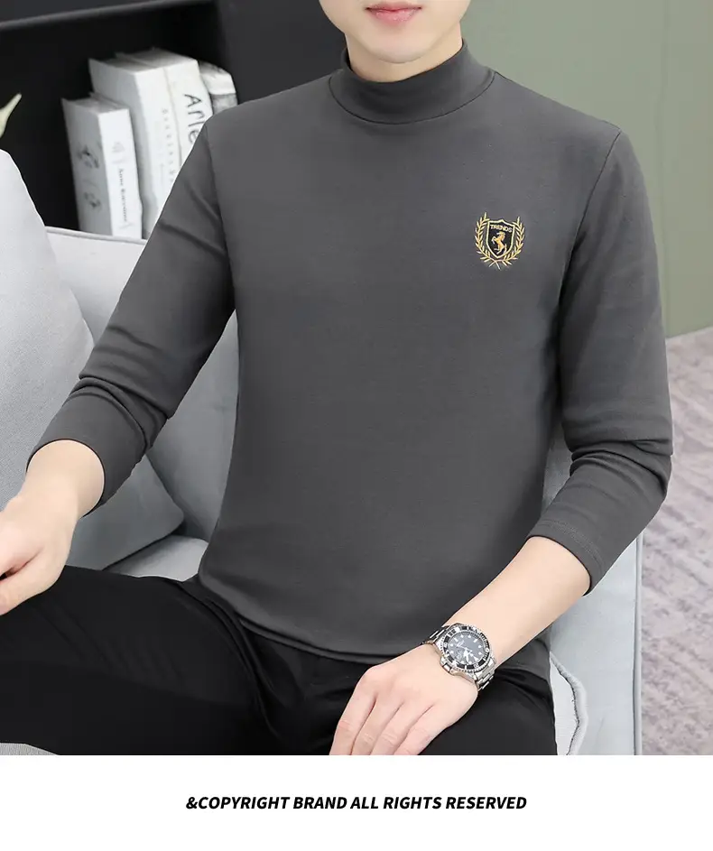Men's Brown Velvet Long Sleeve T-Shirt with Embroidered Logo — feature 109