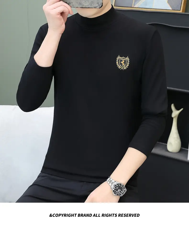 Men's Brown Velvet Long Sleeve T-Shirt with Embroidered Logo — feature 112