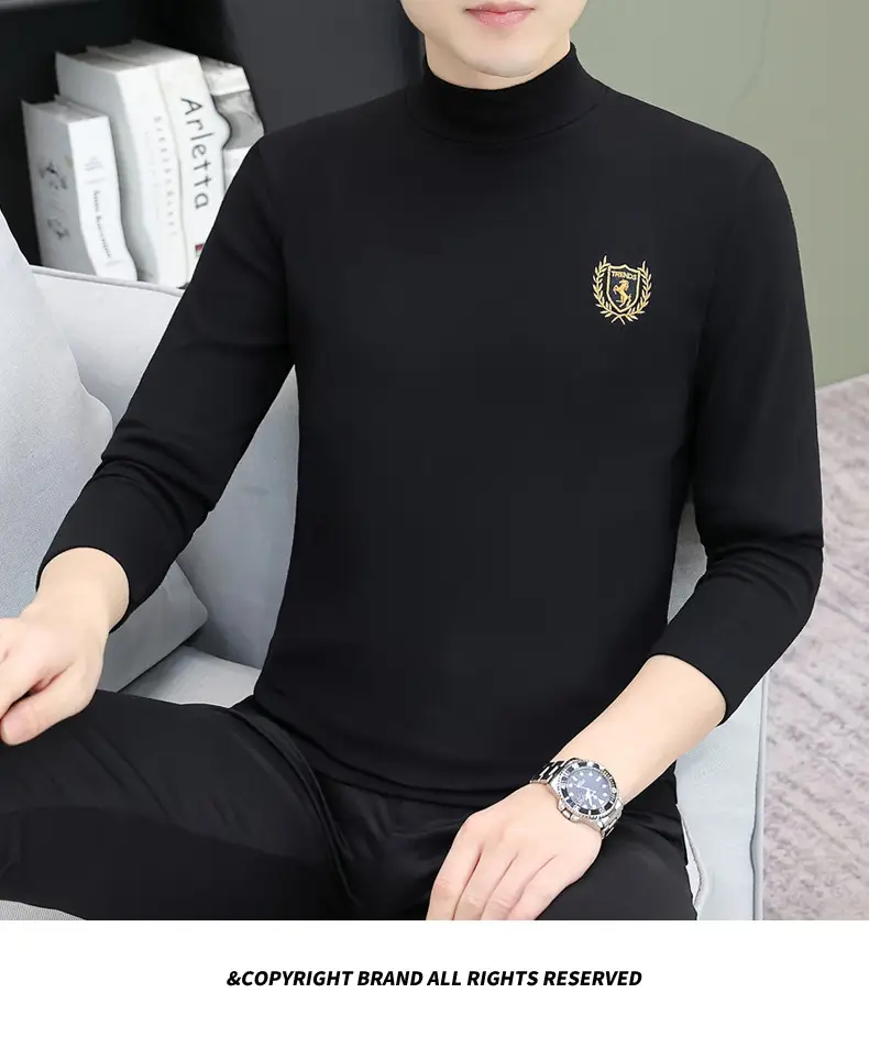 Men's Brown Velvet Long Sleeve T-Shirt with Embroidered Logo — feature 113