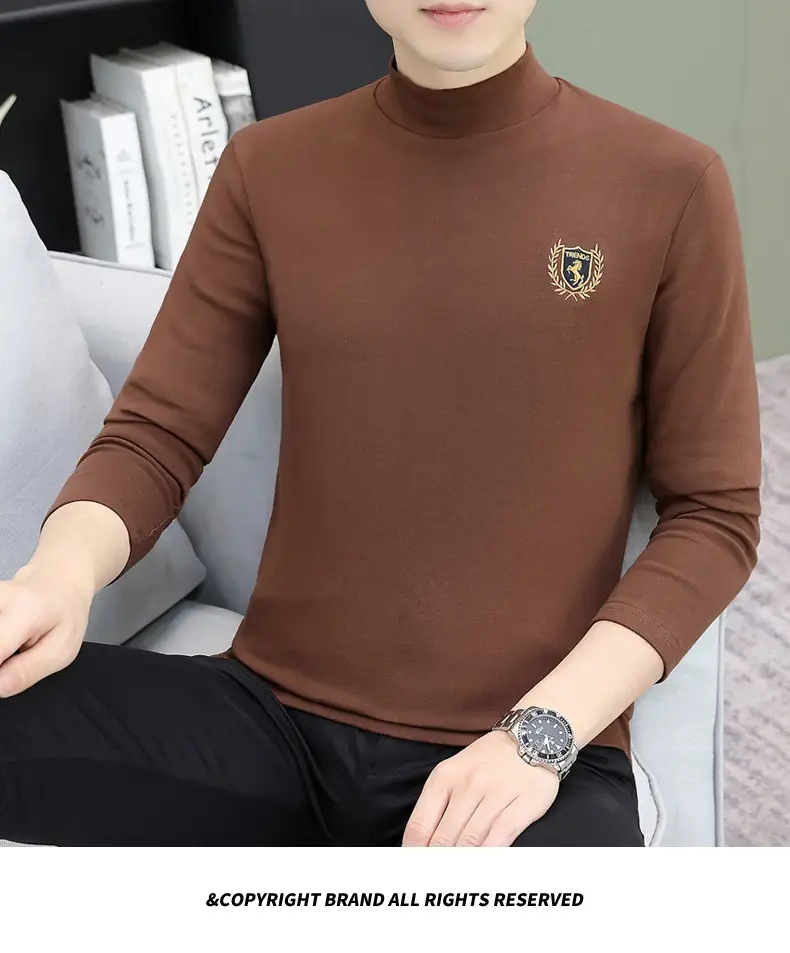 Men's Brown Velvet Long Sleeve T-Shirt with Embroidered Logo — feature 118