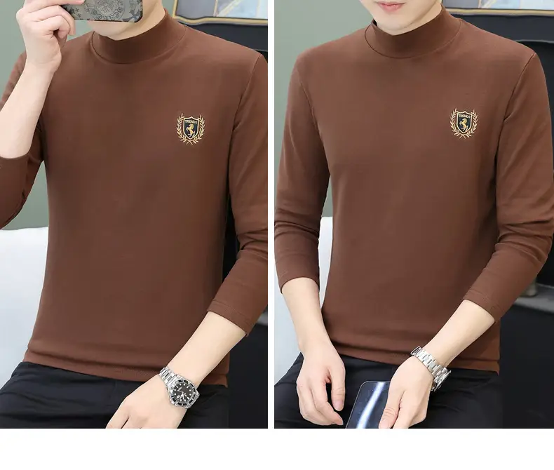 Men's Brown Velvet Long Sleeve T-Shirt with Embroidered Logo — feature 119