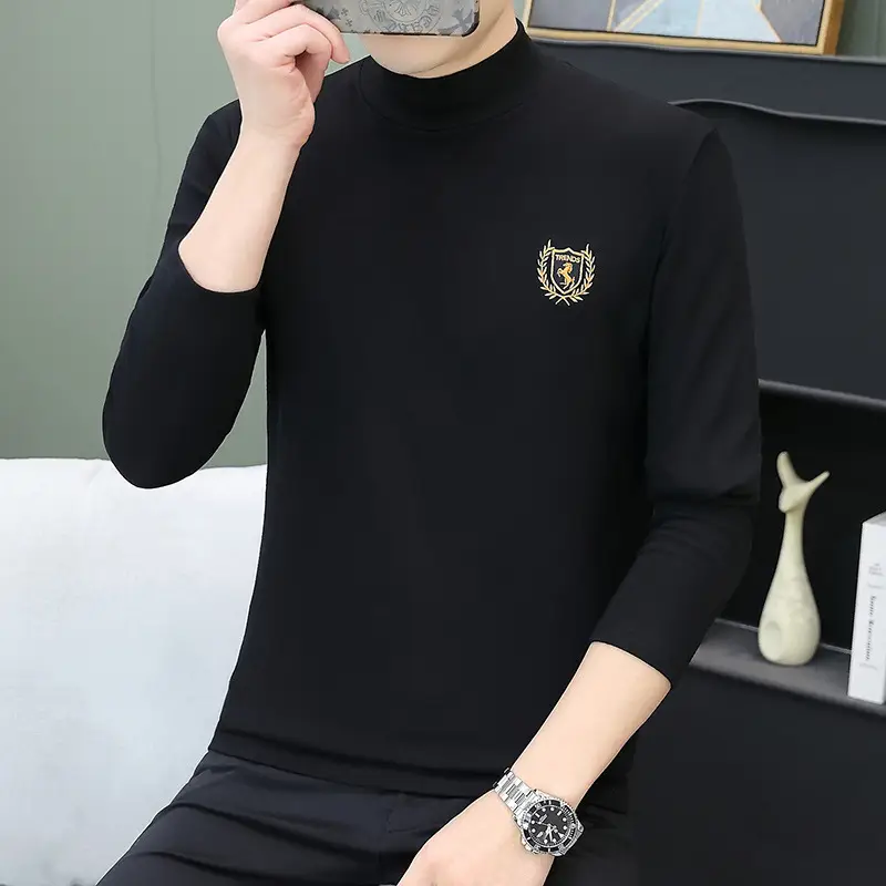Men's Brown Velvet Long Sleeve T-Shirt with Embroidered Logo - Image 17