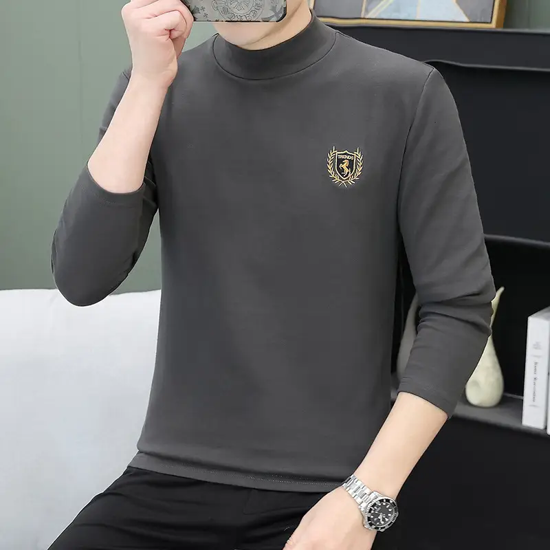 Men's Brown Velvet Long Sleeve T-Shirt with Embroidered Logo - Image 18