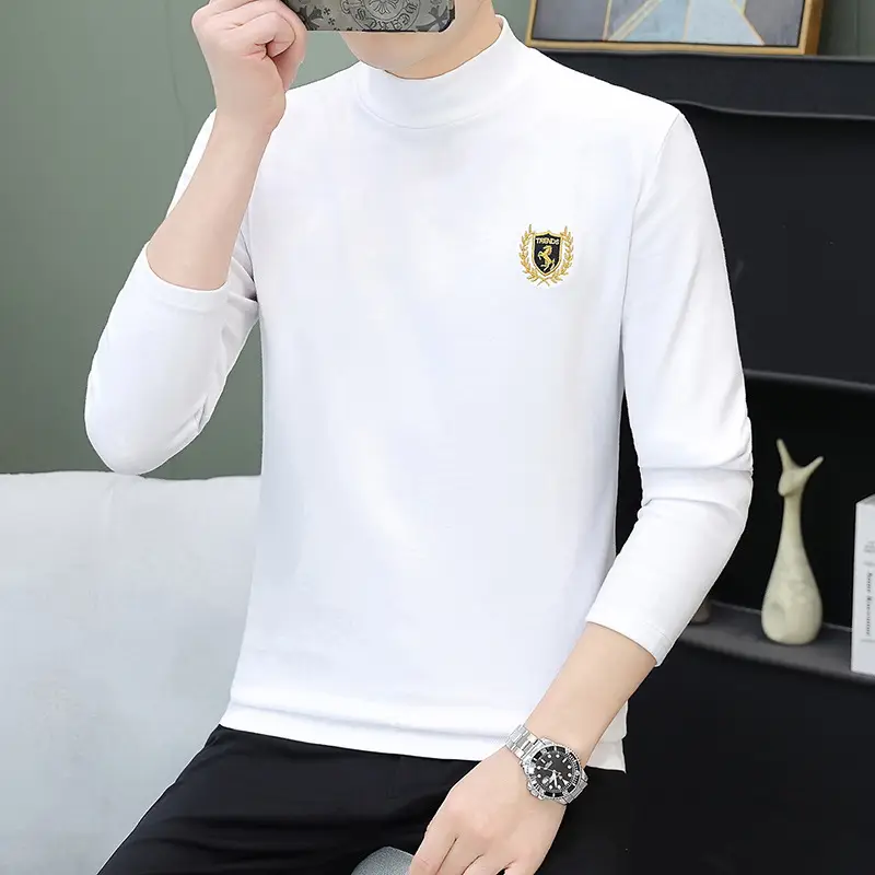 Men's Brown Velvet Long Sleeve T-Shirt with Embroidered Logo - Image 19