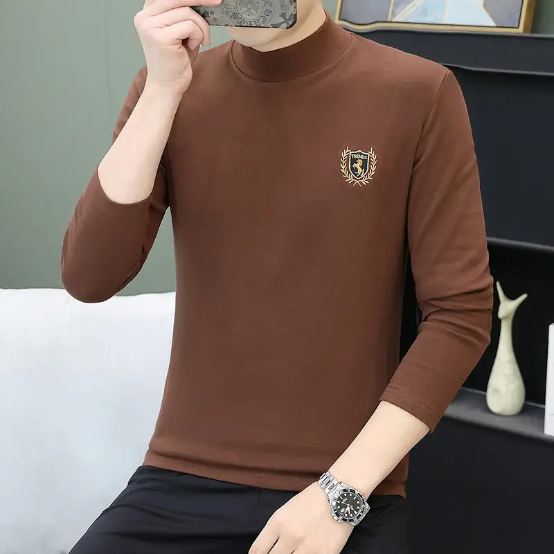 Men's Brown Velvet Long Sleeve T-Shirt with Embroidered Logo - Image 20
