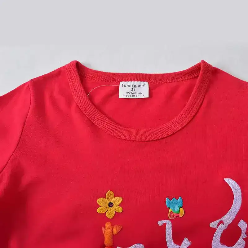 Autumn Winter Kids Long Sleeve T-Shirt Red with Alpaca Design - Image 4