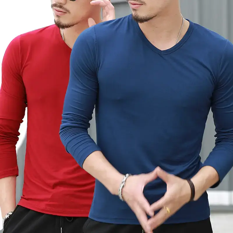 Men V-Neck Long Sleeve White T-Shirt - Image 7