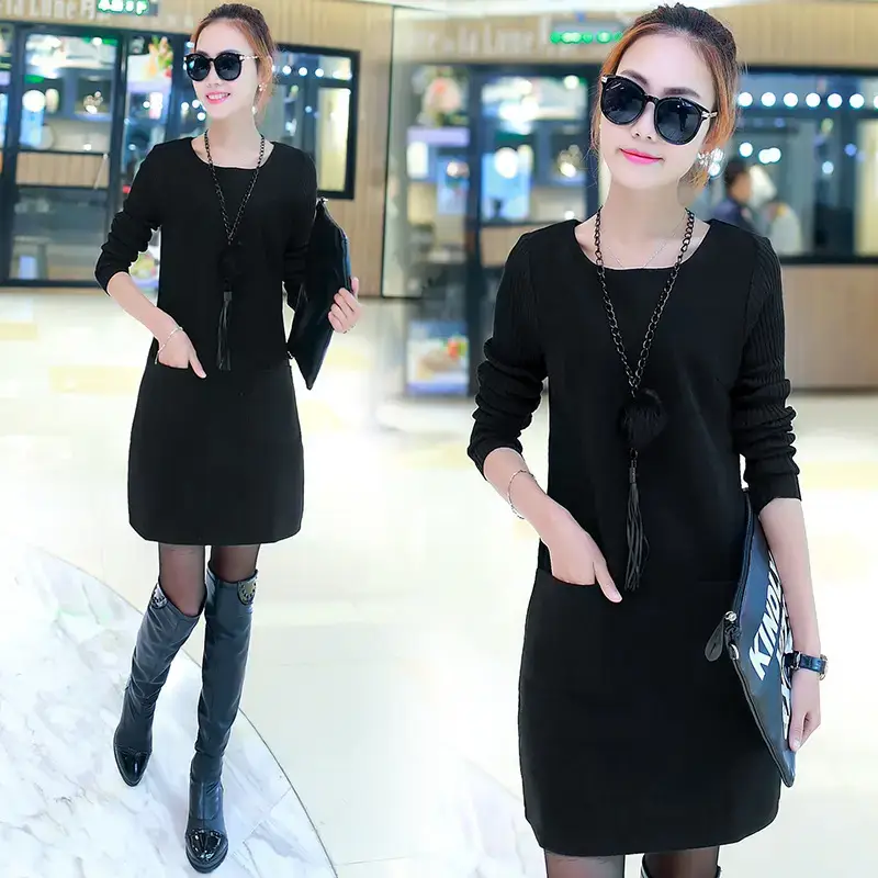 Women's Red Fleece Lined Slim Fit Dress with Thickened Sweater - Image 3