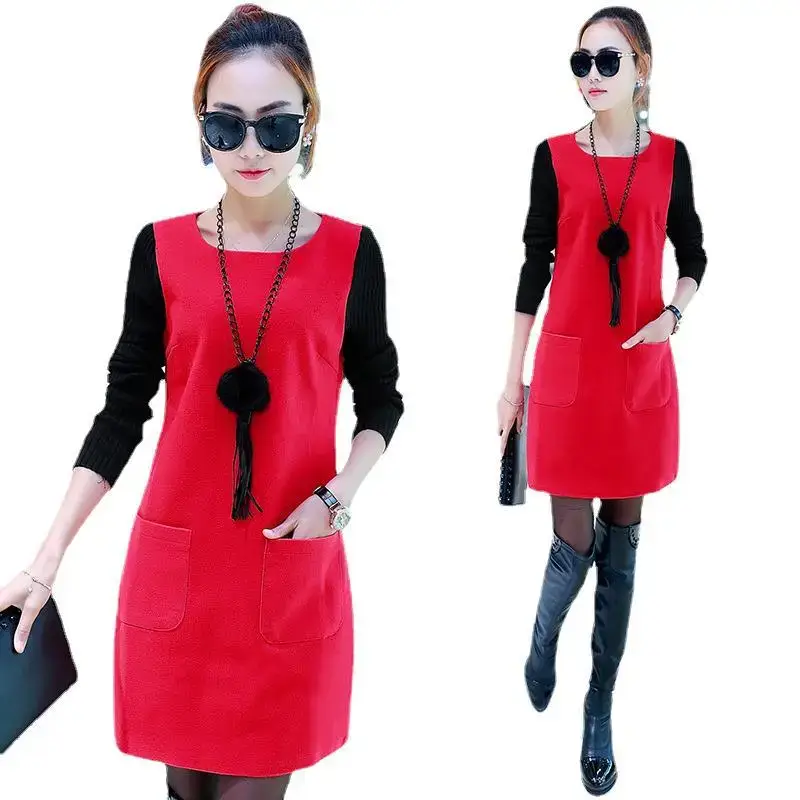 Women's Red Fleece Lined Slim Fit Dress with Thickened Sweater - Image 7