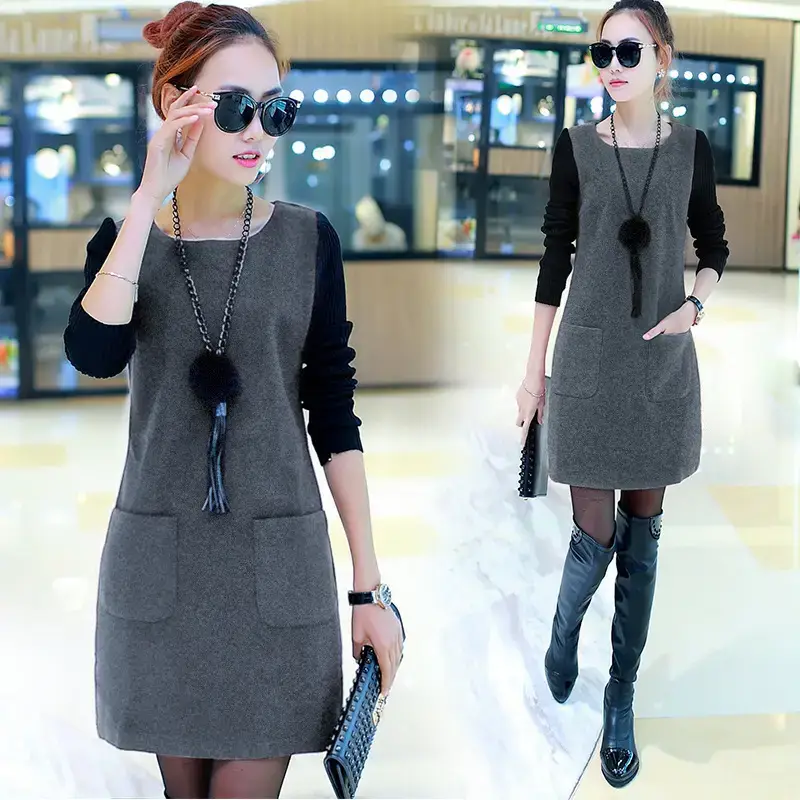 Women's Red Fleece Lined Slim Fit Dress with Thickened Sweater - Image 2