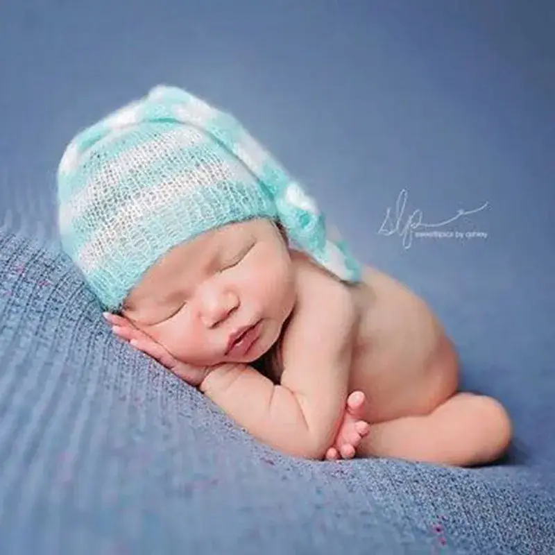 Handwoven Baby Hat Blue White Newborn Photography Props - Image 6