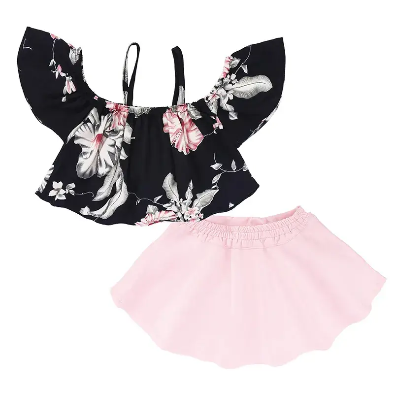 Girls Floral 2-Piece Suit Black Summer Wear