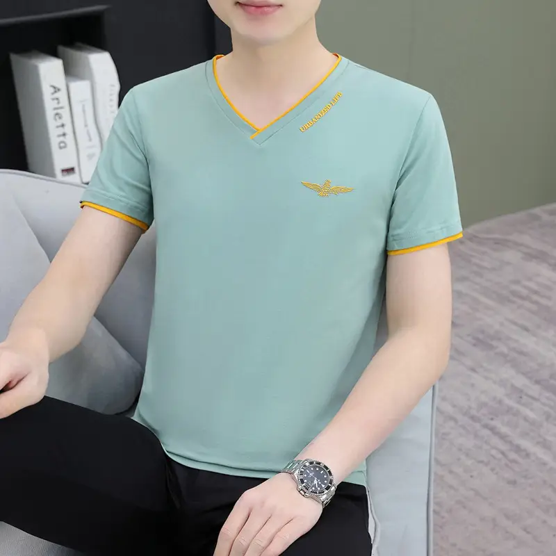 Men's White V-Neck T-Shirt with Yellow Trim - Image 21