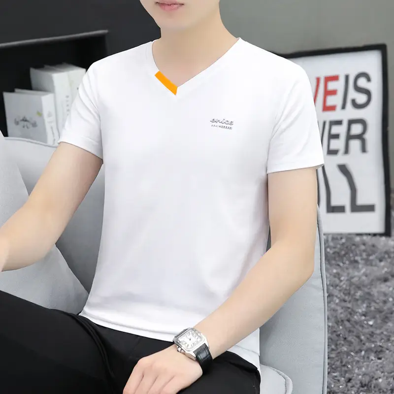 Men's White V-Neck T-Shirt with Yellow Trim - Image 23