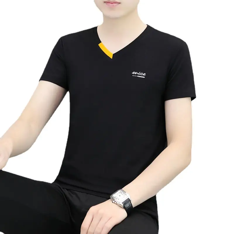 Men's White V-Neck T-Shirt with Yellow Trim - Image 25