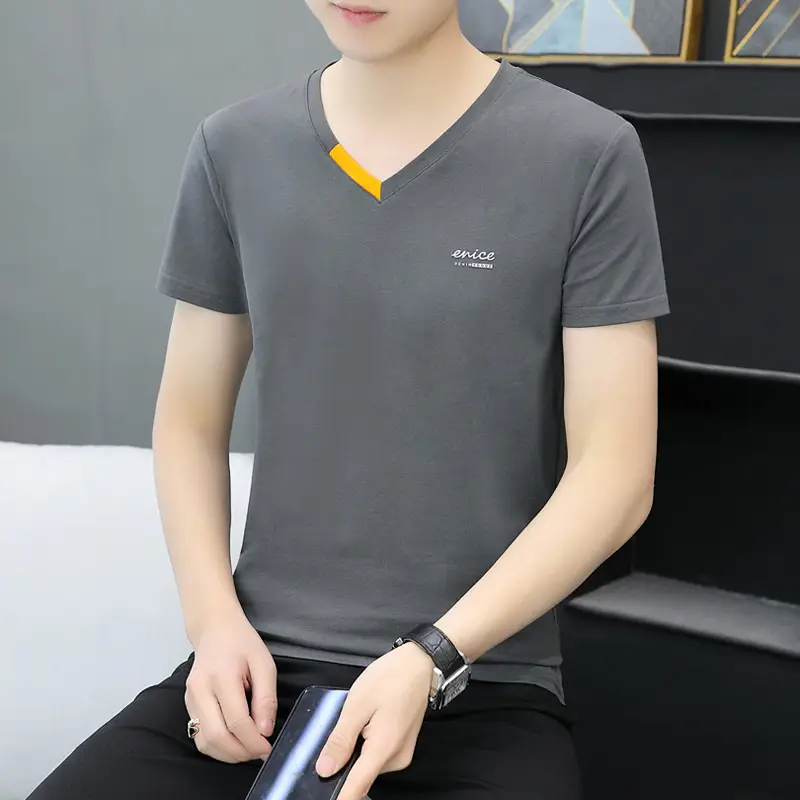 Men's White V-Neck T-Shirt with Yellow Trim - Image 10