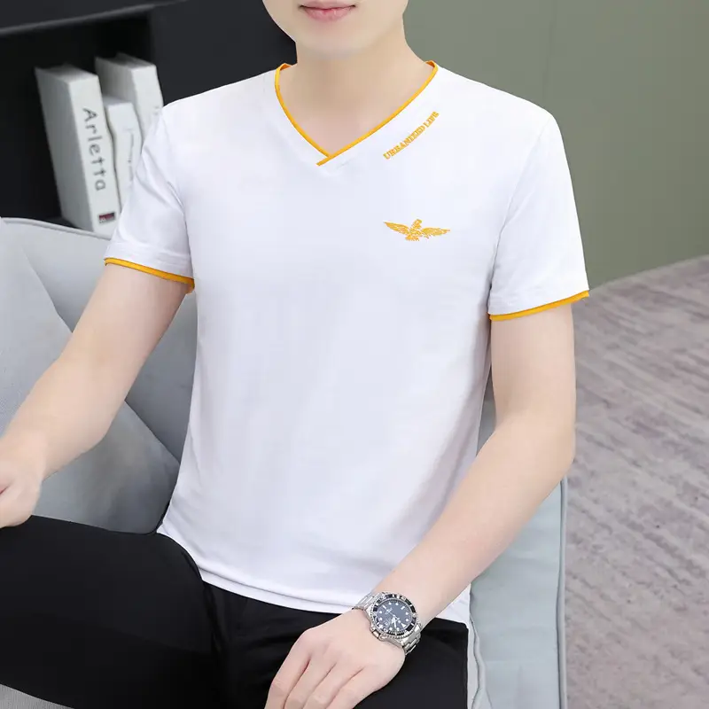 Men's White V-Neck T-Shirt with Yellow Trim - Image 11