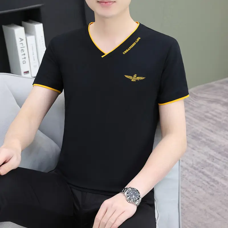 Men's White V-Neck T-Shirt with Yellow Trim - Image 12