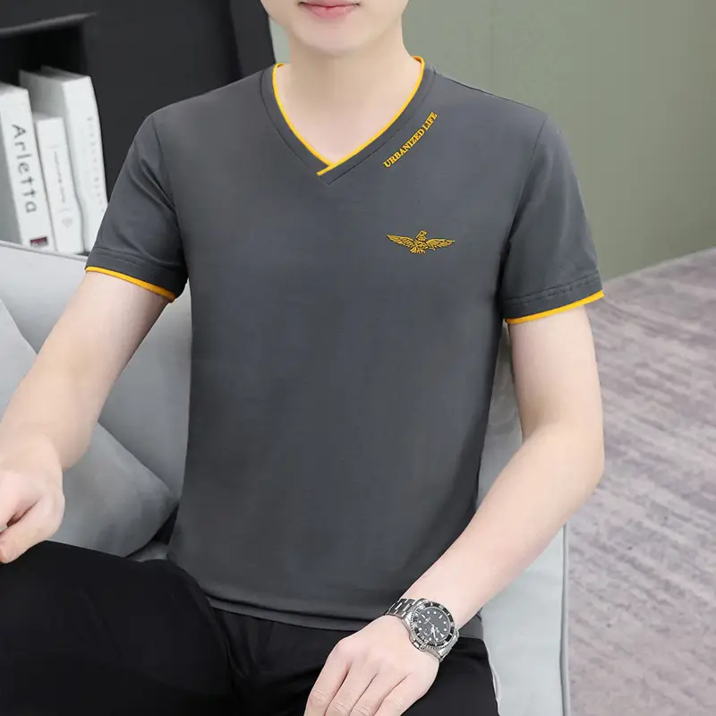 Men's White V-Neck T-Shirt with Yellow Trim - Image 13