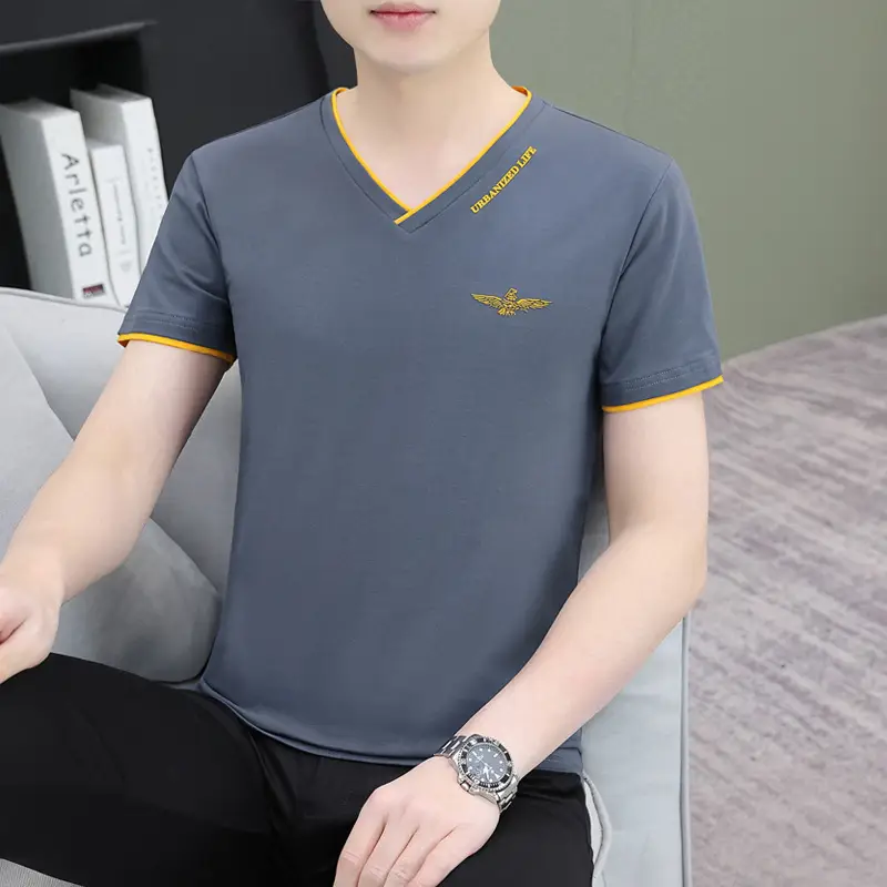 Men's White V-Neck T-Shirt with Yellow Trim - Image 15