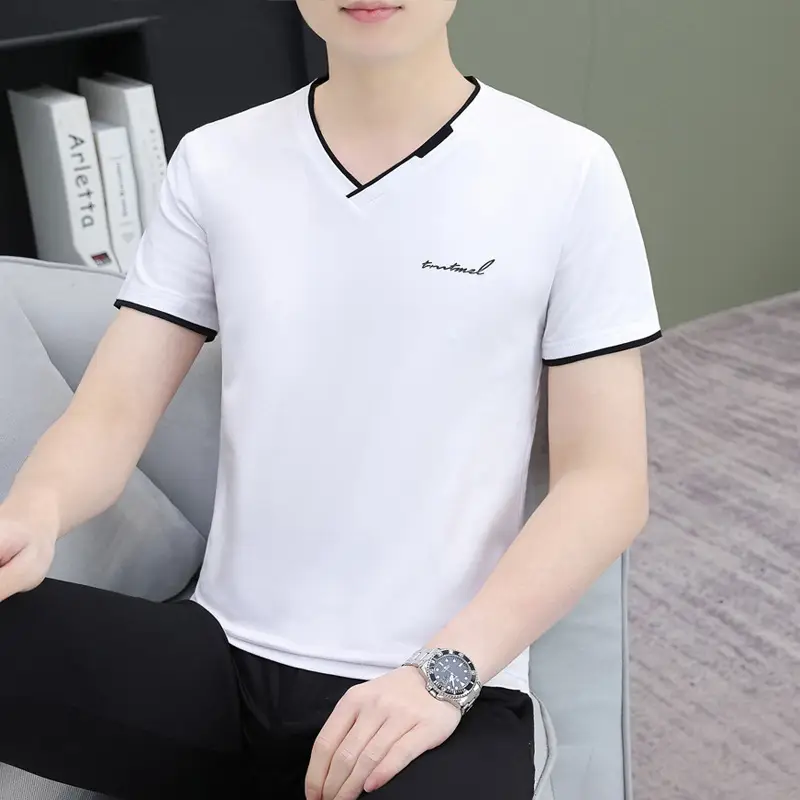 Men's White V-Neck T-Shirt with Yellow Trim - Image 16