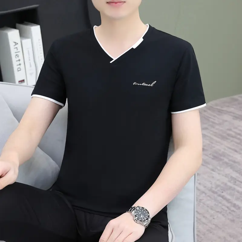 Men's White V-Neck T-Shirt with Yellow Trim - Image 17