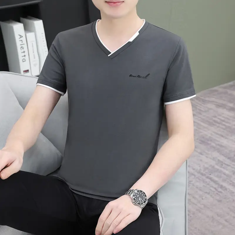 Men's White V-Neck T-Shirt with Yellow Trim - Image 18
