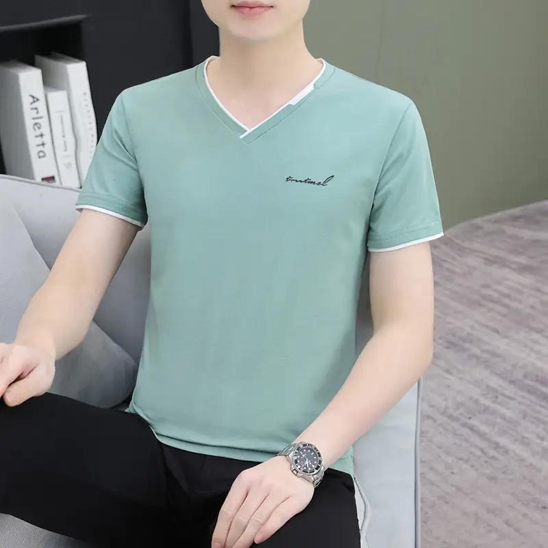 Men's White V-Neck T-Shirt with Yellow Trim - Image 19
