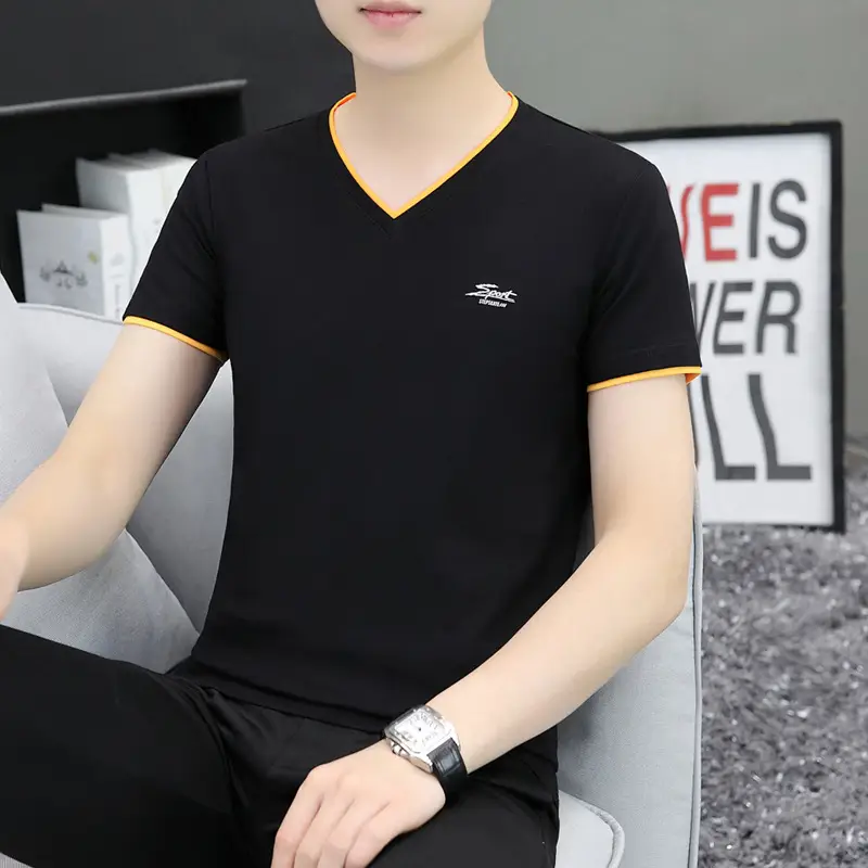 Men's White V-Neck T-Shirt with Yellow Trim - Image 2