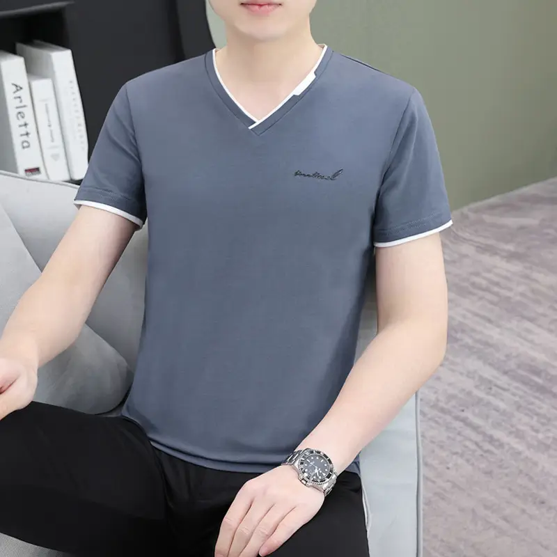 Men's White V-Neck T-Shirt with Yellow Trim - Image 20