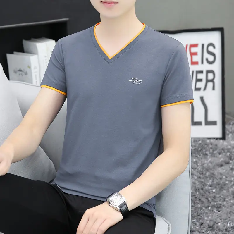 Men's White V-Neck T-Shirt with Yellow Trim - Image 3
