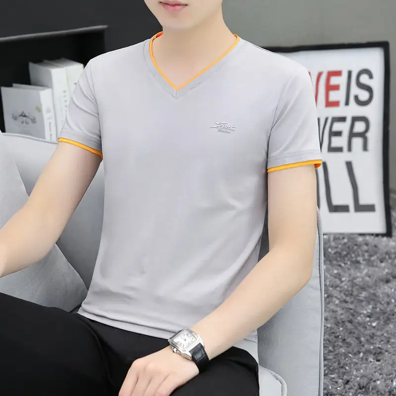 Men's White V-Neck T-Shirt with Yellow Trim - Image 4