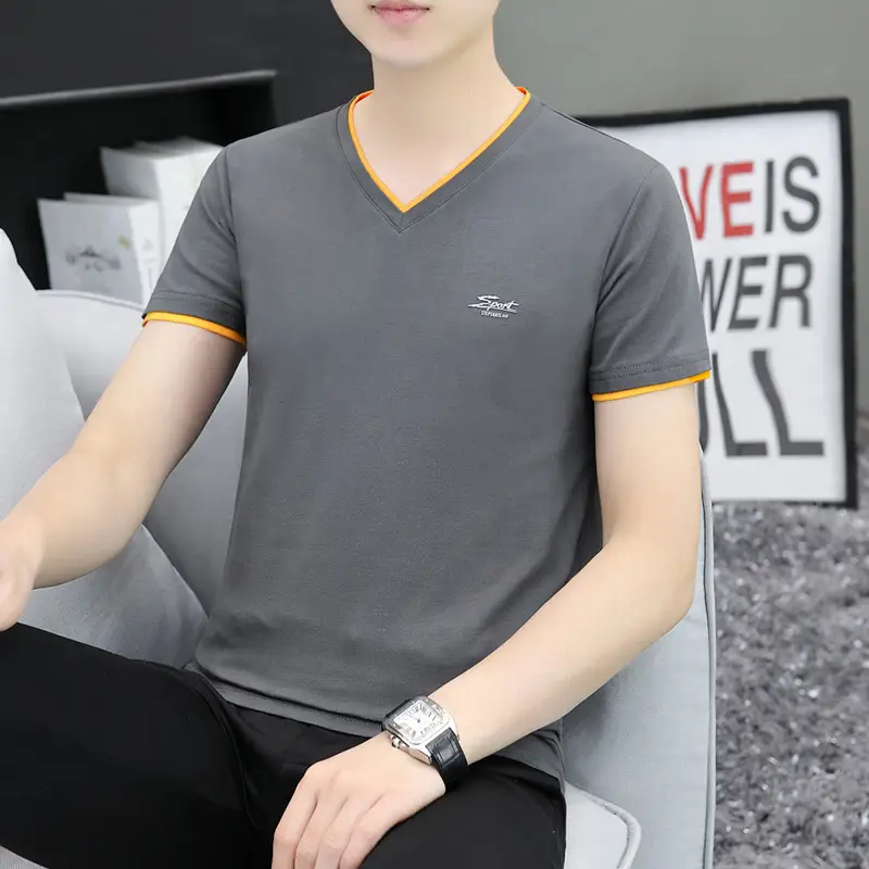 Men's White V-Neck T-Shirt with Yellow Trim - Image 5
