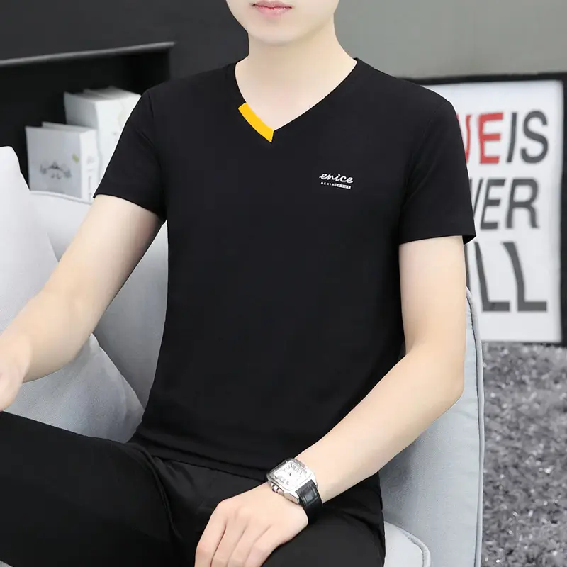 Men's White V-Neck T-Shirt with Yellow Trim - Image 7