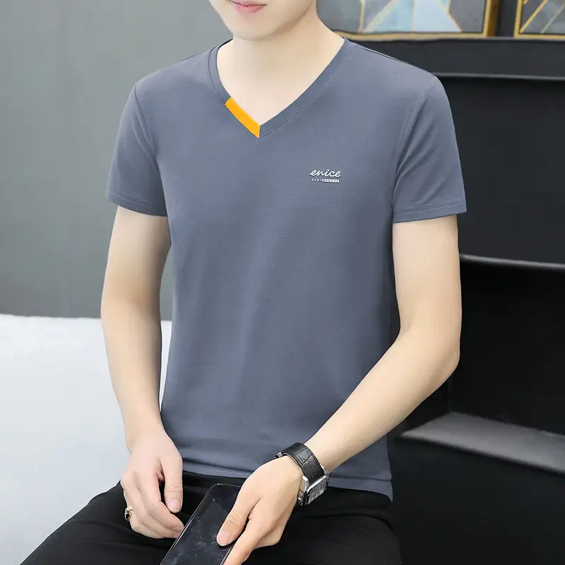 Men's White V-Neck T-Shirt with Yellow Trim - Image 8