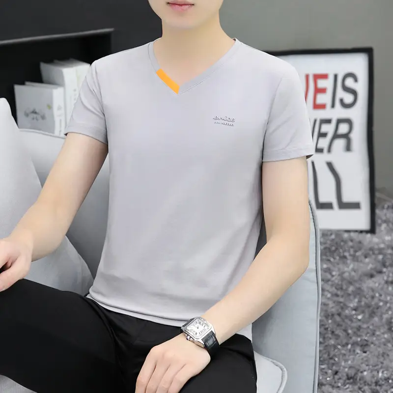Men's White V-Neck T-Shirt with Yellow Trim - Image 9