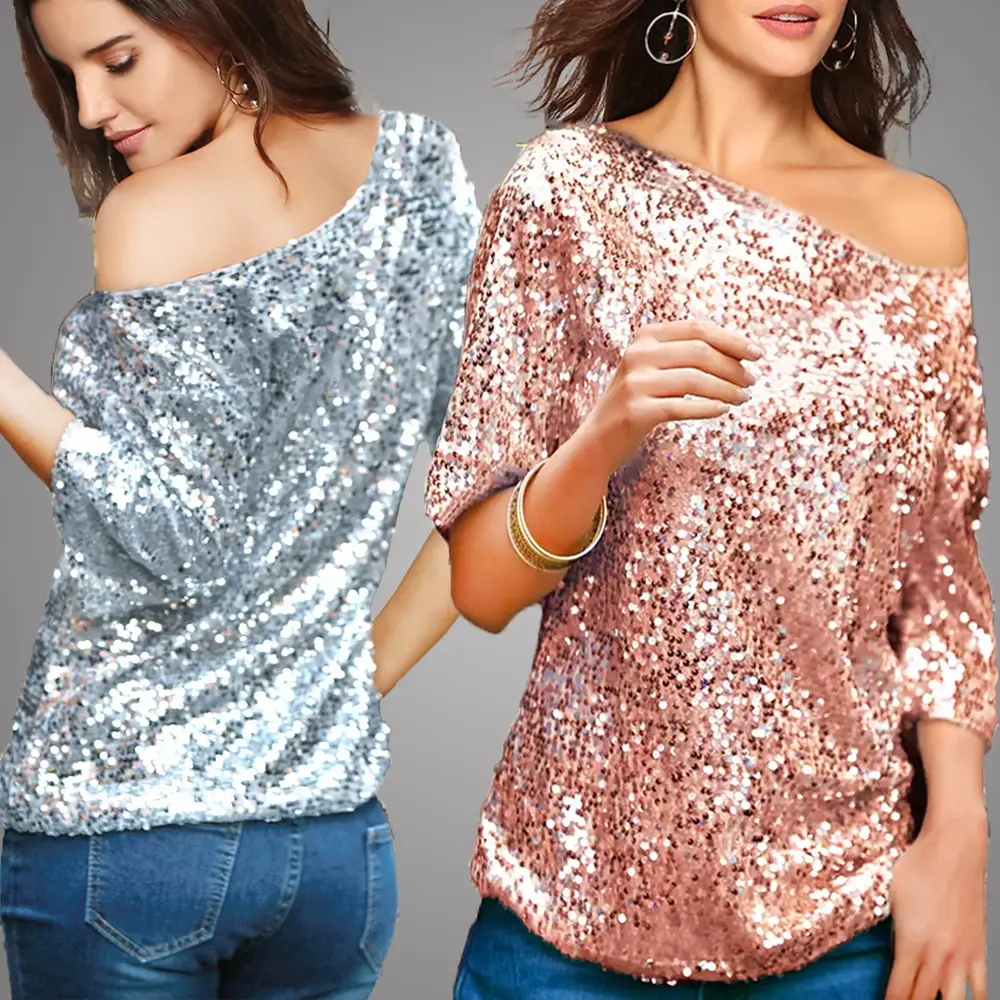 Women Sequin Slant Shoulder Mid Sleeve T-Shirt - Image 2