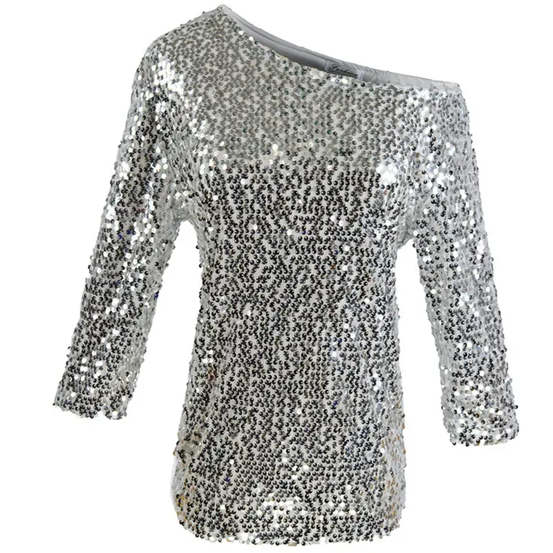 Women Sequin Slant Shoulder Mid Sleeve T-Shirt - Image 5