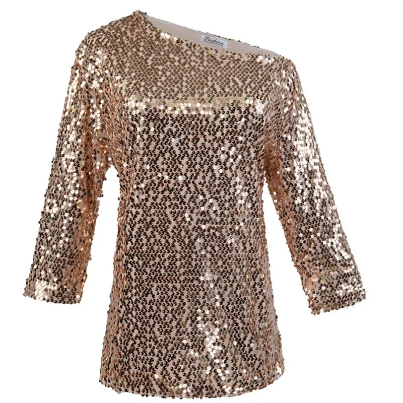 Women Sequin Slant Shoulder Mid Sleeve T-Shirt - Image 6