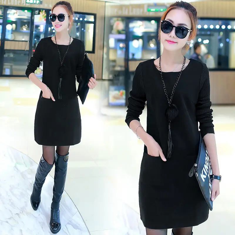 Women's Black Fleece Lined Two Piece Dress Plus Size Winter - Image 6