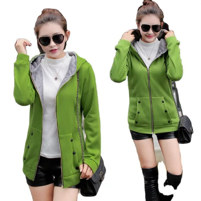 Women Green Hooded Sweatshirt Winter Warm Fur Lined Mid Length - Image 7