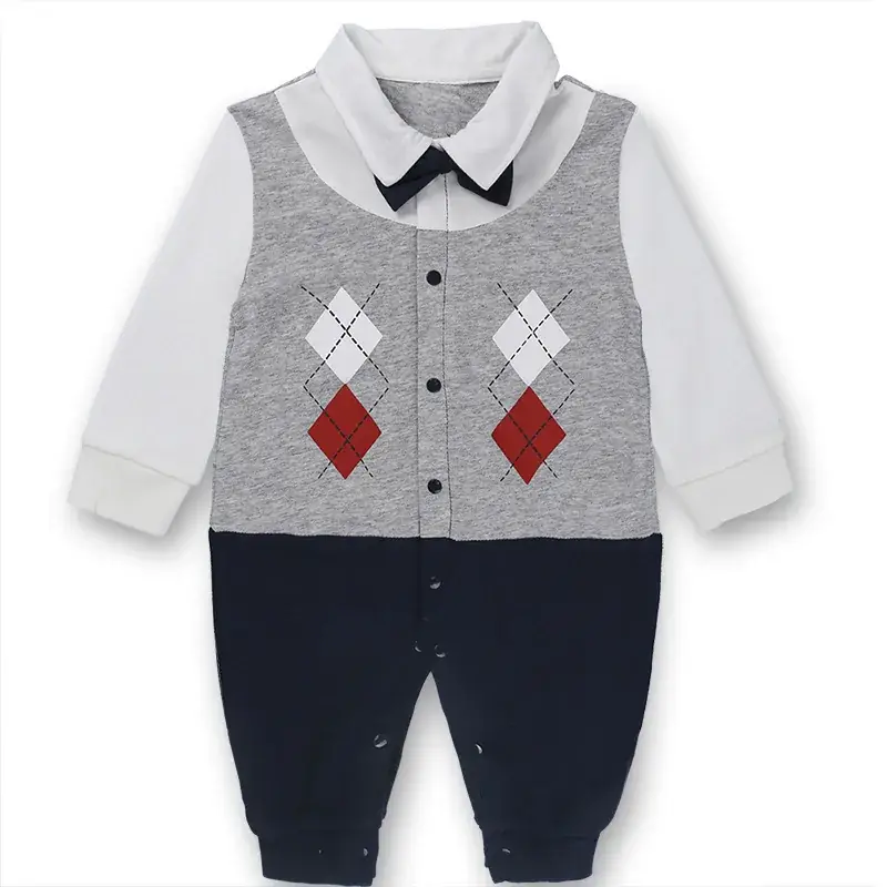 Baby Cotton Suit White Grey Bowtie Long Sleeve - Image 5